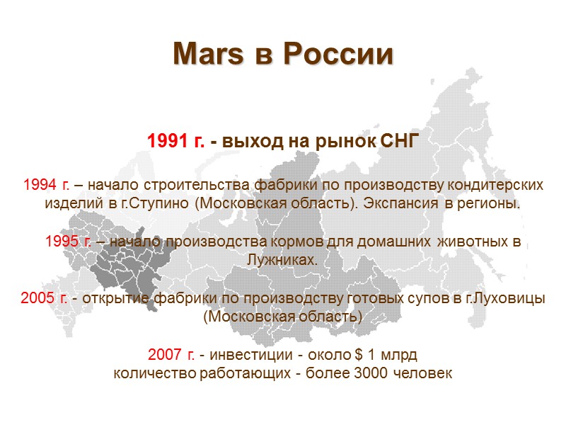 Mars в России 1991 г. - выход на рынок СНГ  1994 г. –